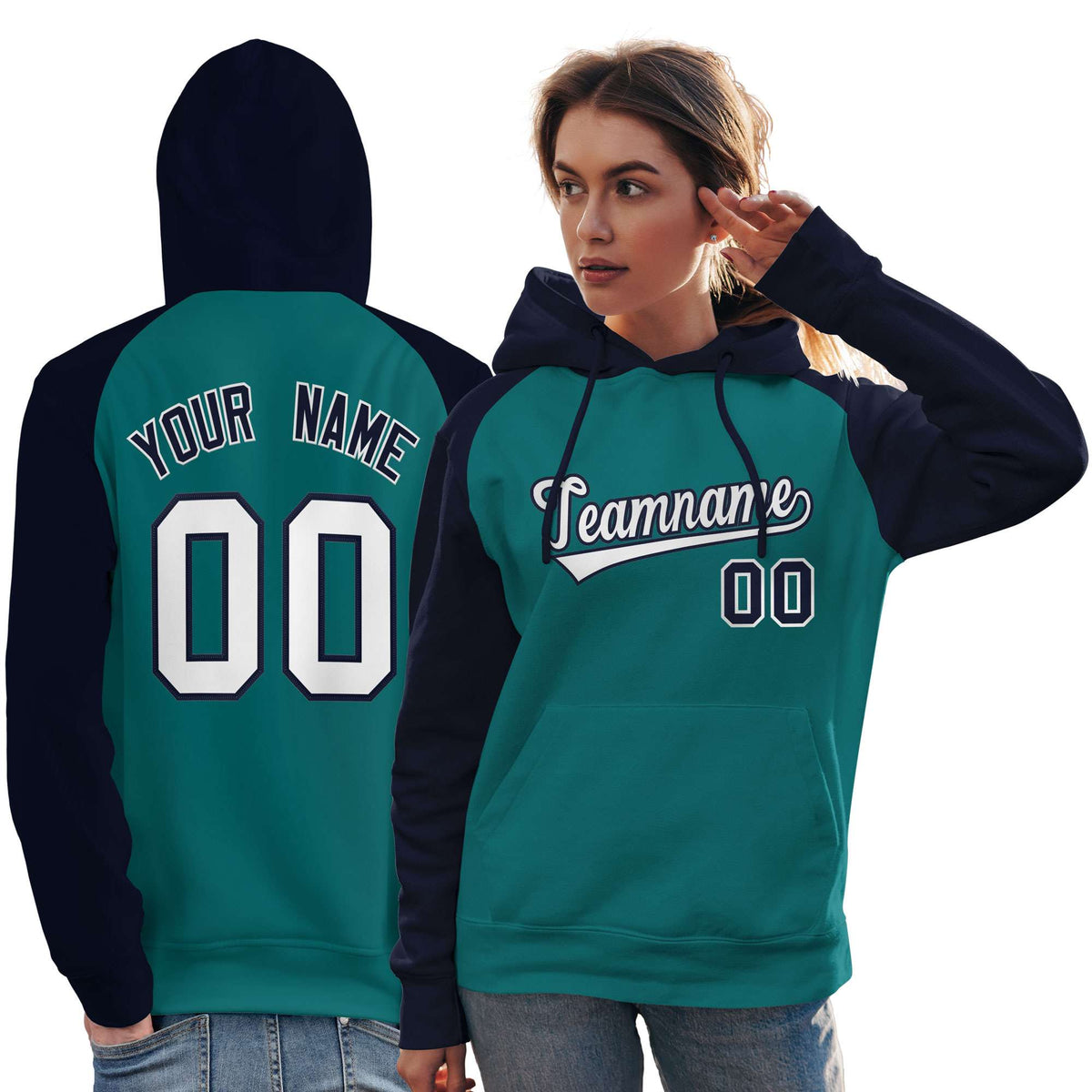 Custom Stitched Aqua Navy-White Raglan Sleeves Sports Pullover Sweatshirt Hoodie For Women| KXKSHOP