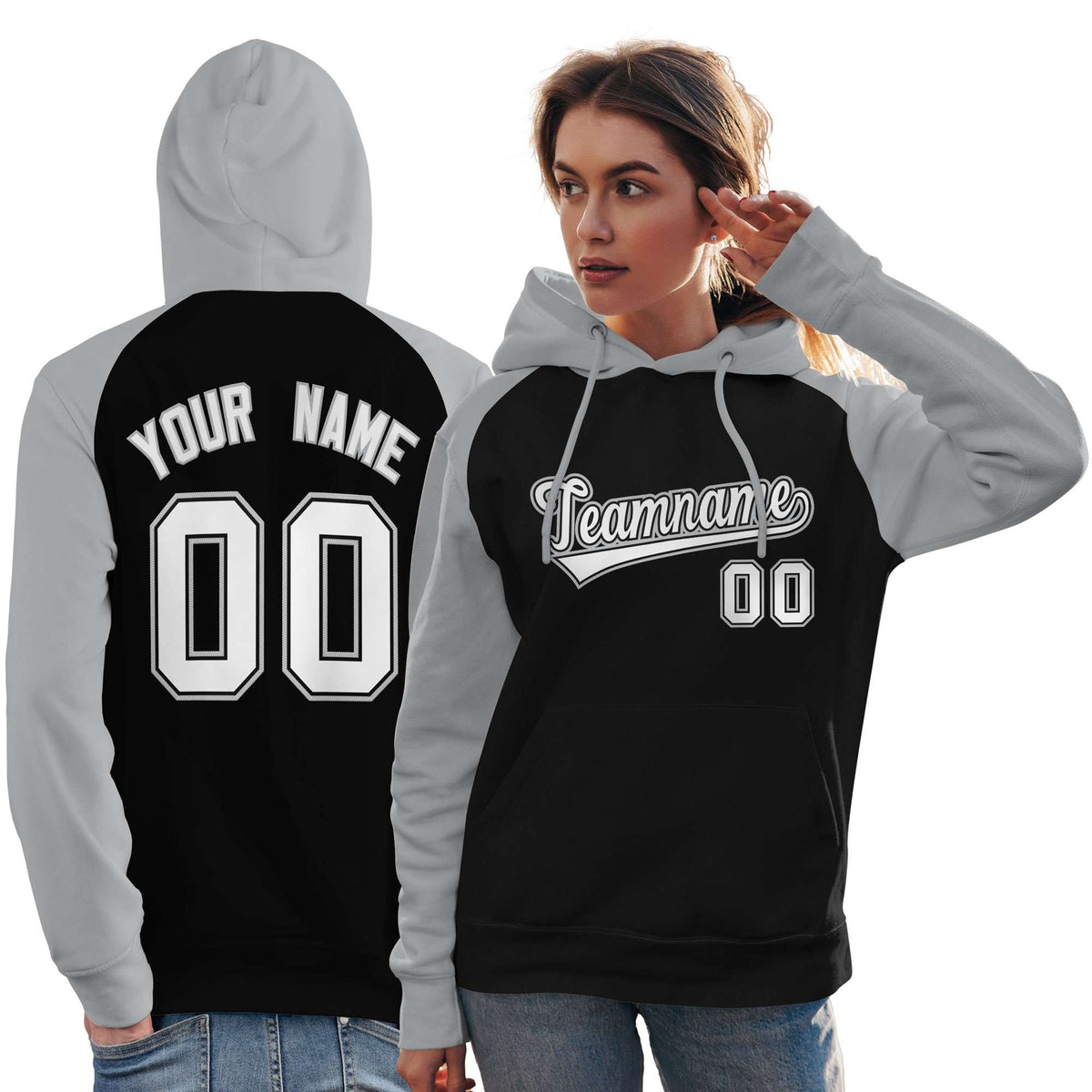Custom Stitched Black Gray-White Raglan Sleeves Sports Pullover Sweatshirt Hoodie For Women| KXKSHOP