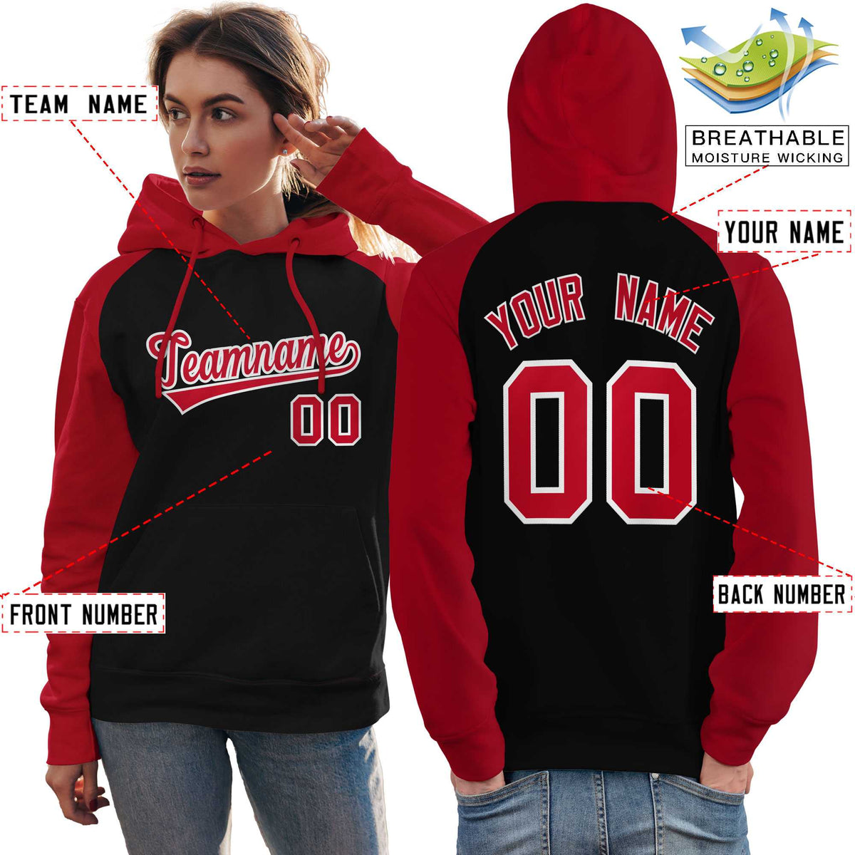 Custom Stitched Black Red Raglan Sleeves Sports Pullover Sweatshirt Hoodie For Women| KXKSHOP