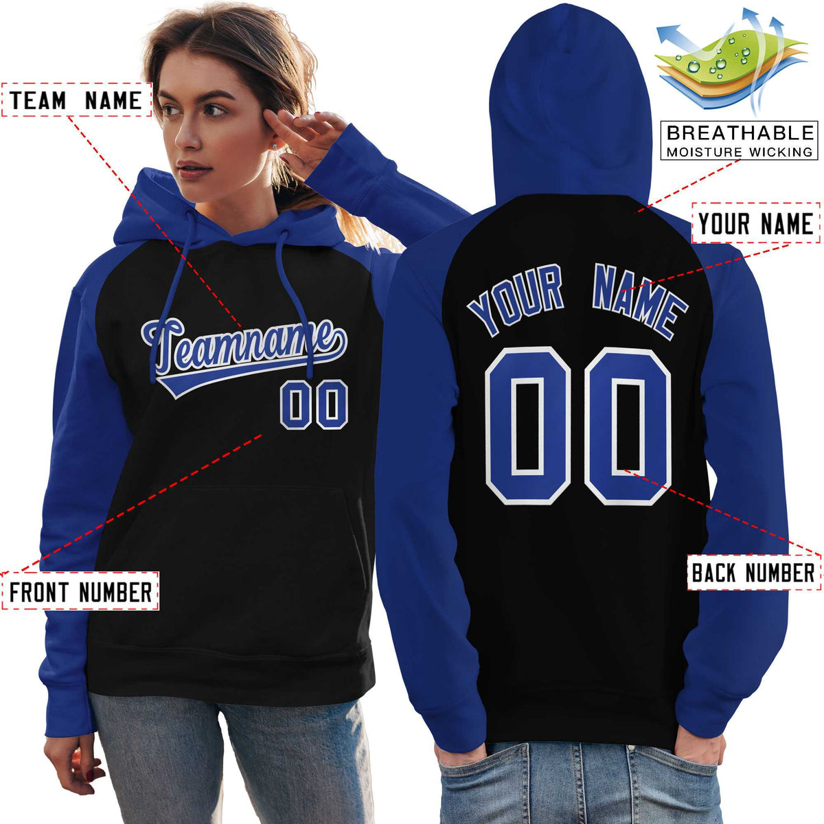 Custom Stitched Black Royal Raglan Sleeves Sports Pullover Sweatshirt Hoodie For Women| KXKSHOP