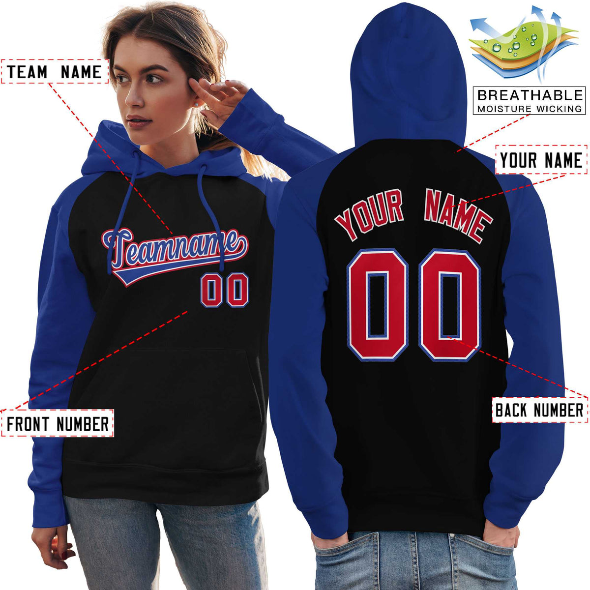 Custom Stitched Black Royal Raglan Sleeves Sports Pullover Sweatshirt Hoodie For Women| KXKSHOP