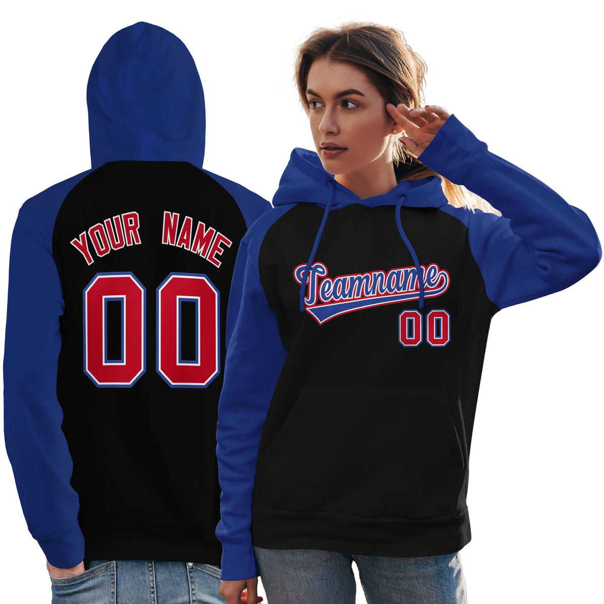 Custom Stitched Black Royal Raglan Sleeves Sports Pullover Sweatshirt Hoodie For Women| KXKSHOP