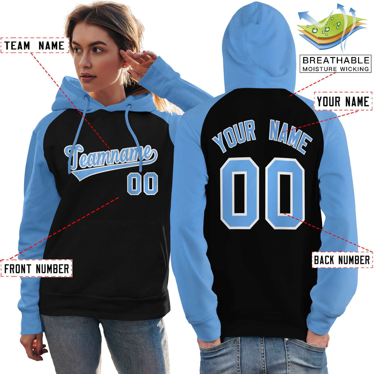 Custom Stitched Black Powder Blue Raglan Sleeves Sports Pullover Sweatshirt Hoodie For Women| KXKSHOP