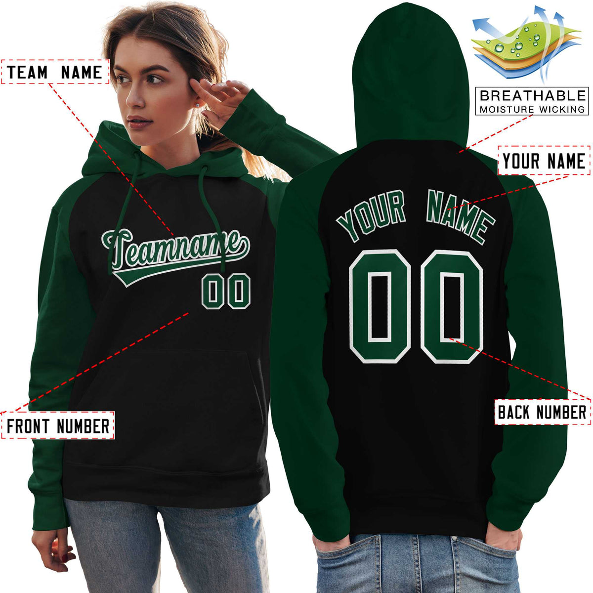 Custom Stitched Black Green Raglan Sleeves Sports Pullover Sweatshirt Hoodie For Women| KXKSHOP