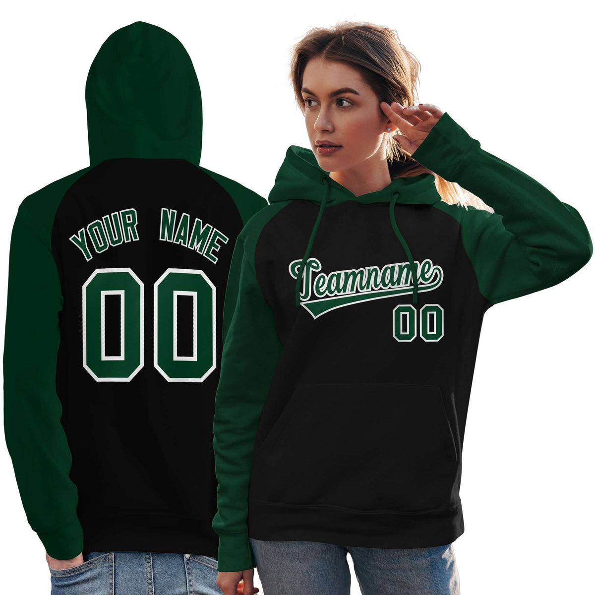 Custom Stitched Black Green Raglan Sleeves Sports Pullover Sweatshirt Hoodie For Women| KXKSHOP