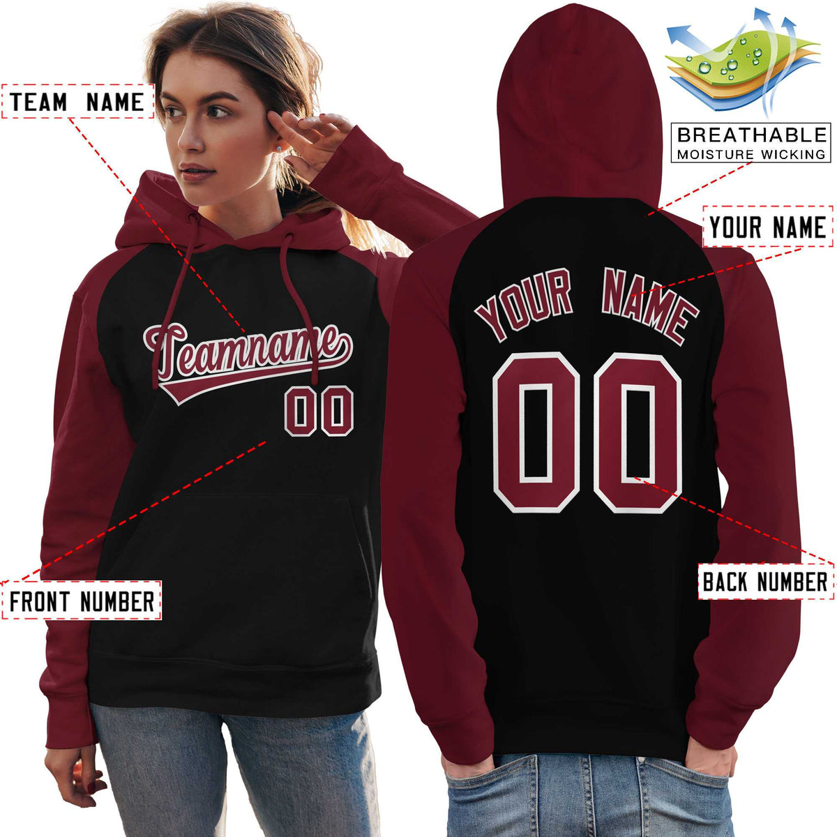 Custom Stitched Black Crimson Raglan Sleeves Sports Pullover Sweatshirt Hoodie For Women| KXKSHOP