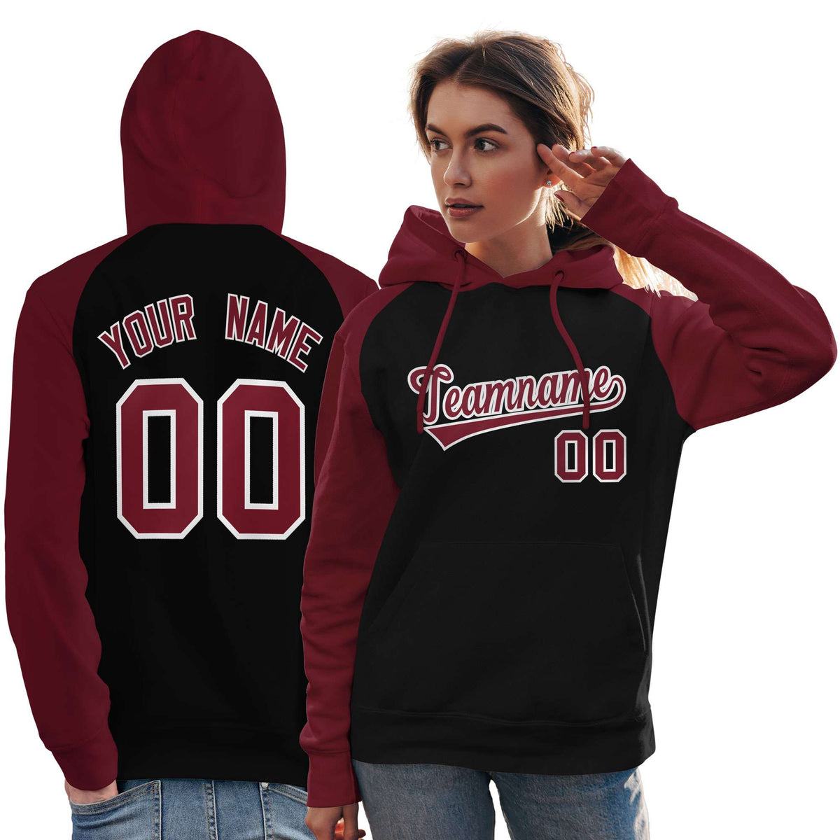 Custom Stitched Black Crimson Raglan Sleeves Sports Pullover Sweatshirt Hoodie For Women| KXKSHOP