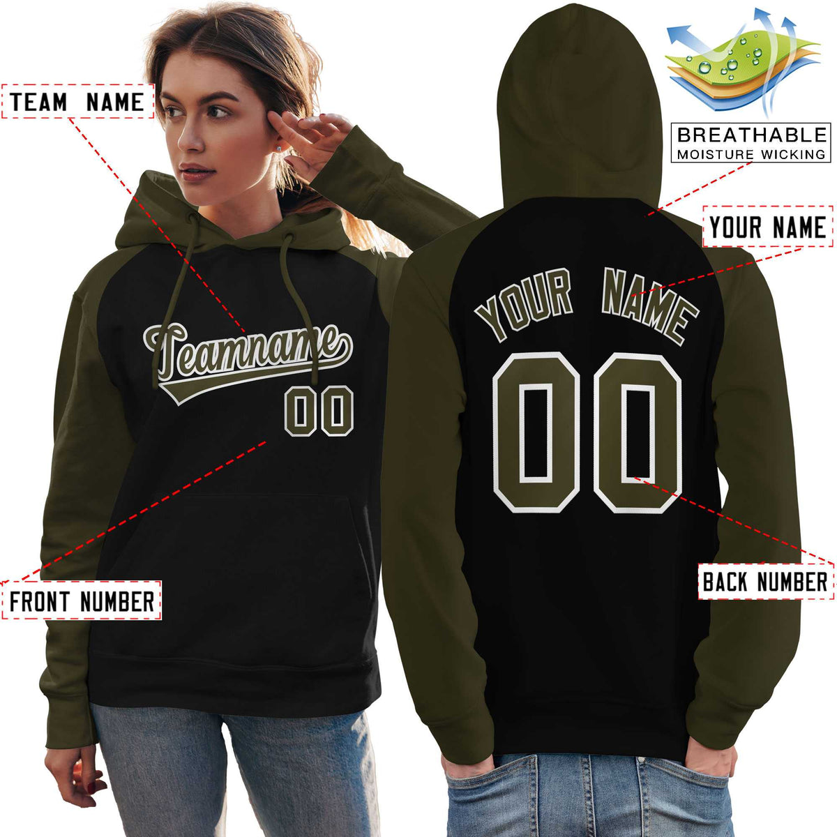 Custom Stitched Black Olive Raglan Sleeves Sports Pullover Sweatshirt Hoodie For Women| KXKSHOP