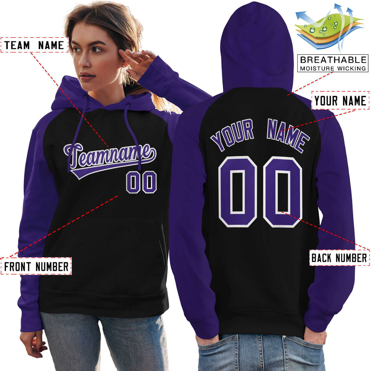 Custom Stitched Black Purple Raglan Sleeves Sports Pullover Sweatshirt Hoodie For Women| KXKSHOP