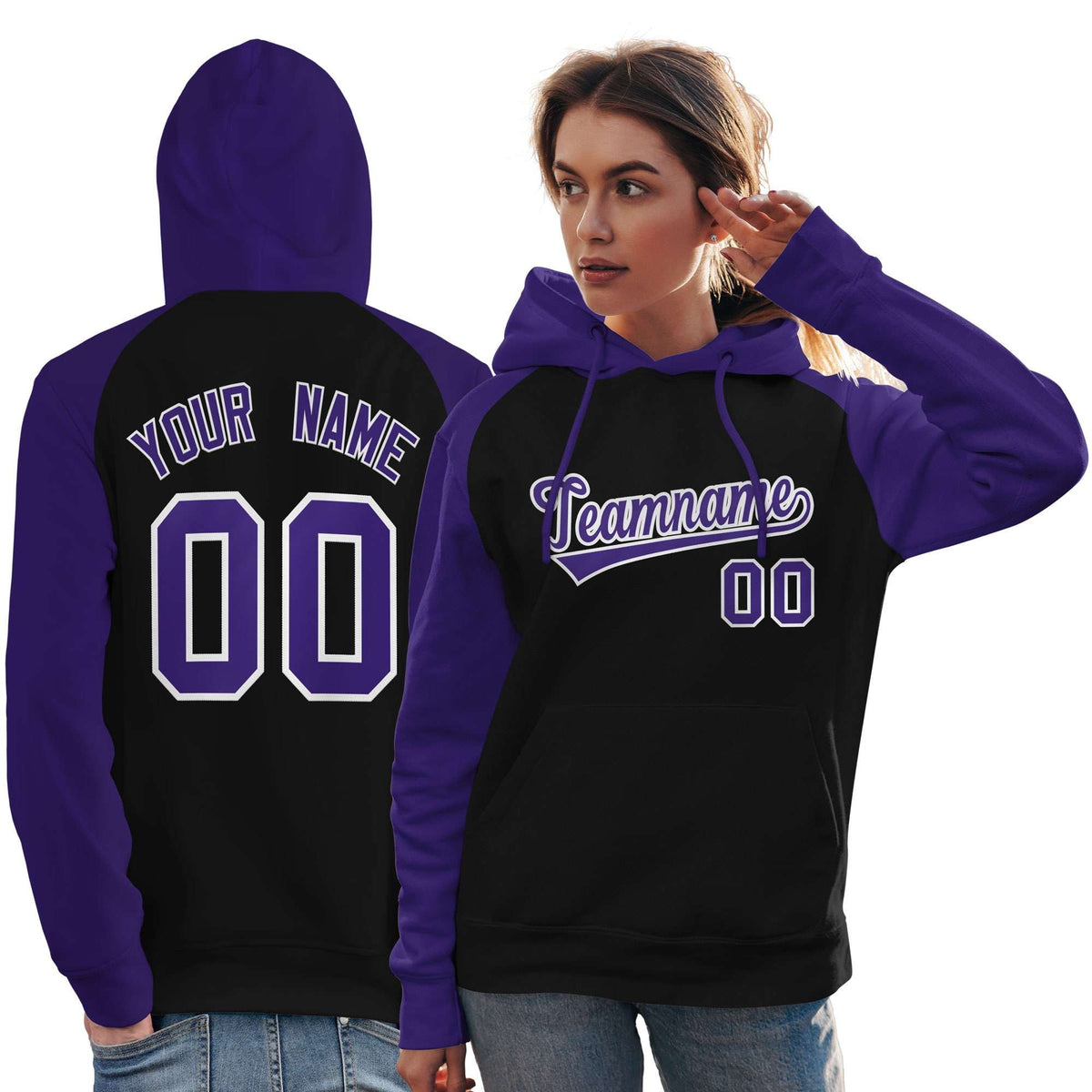 Custom Stitched Black Purple Raglan Sleeves Sports Pullover Sweatshirt Hoodie For Women| KXKSHOP