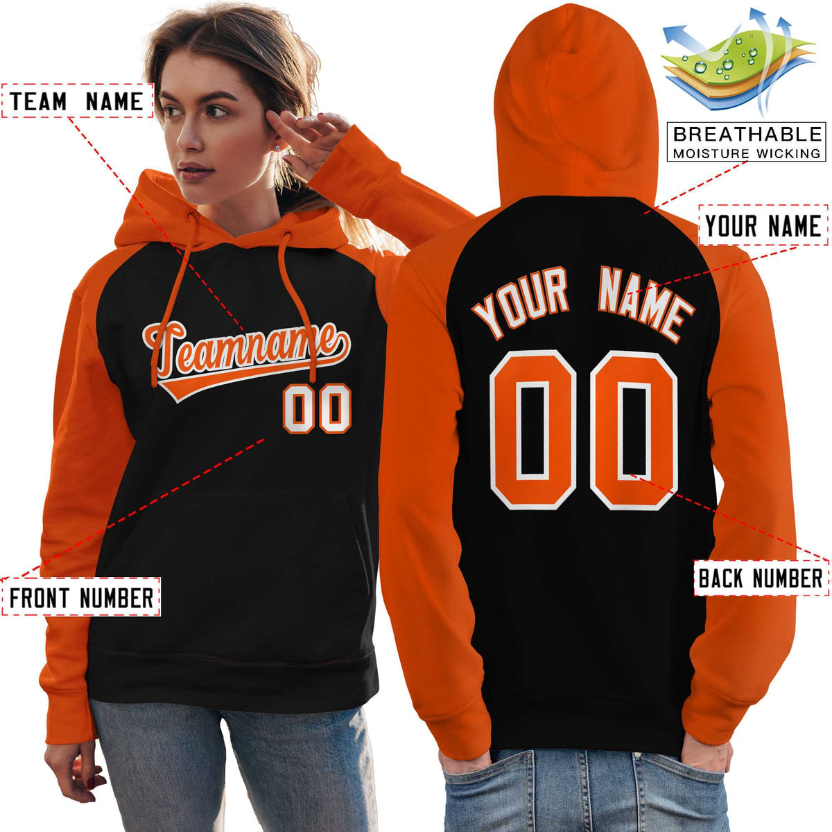 Custom Stitched Black Orange Raglan Sleeves Sports Pullover Sweatshirt Hoodie For Women| KXKSHOP