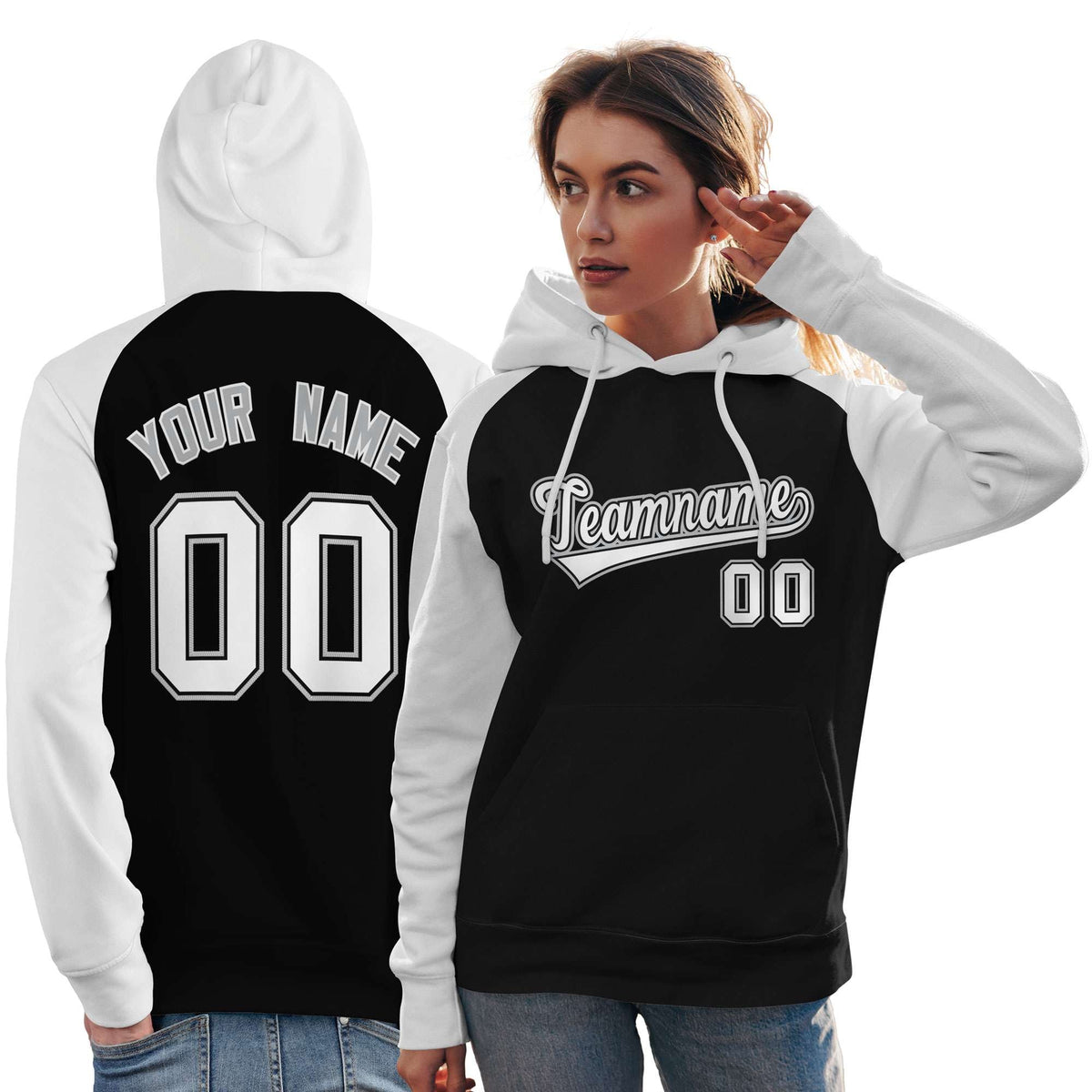 Custom Stitched Black White Raglan Sleeves Sports Pullover Sweatshirt Hoodie For Women| KXKSHOP