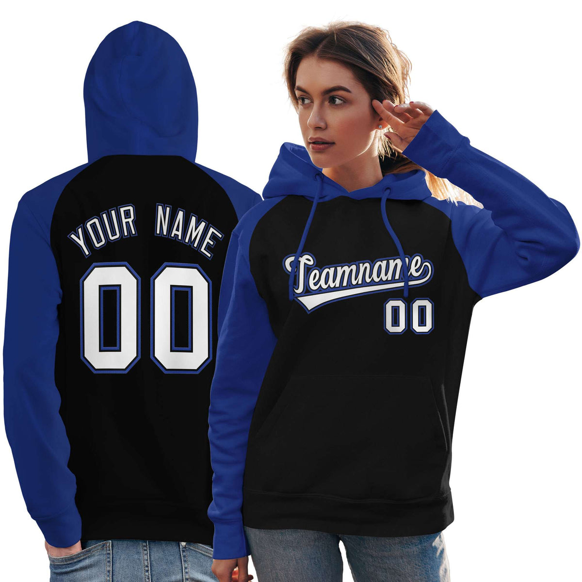 Custom Stitched Black Royal-White Raglan Sleeves Sports Pullover Sweatshirt Hoodie For Women| KXKSHOP