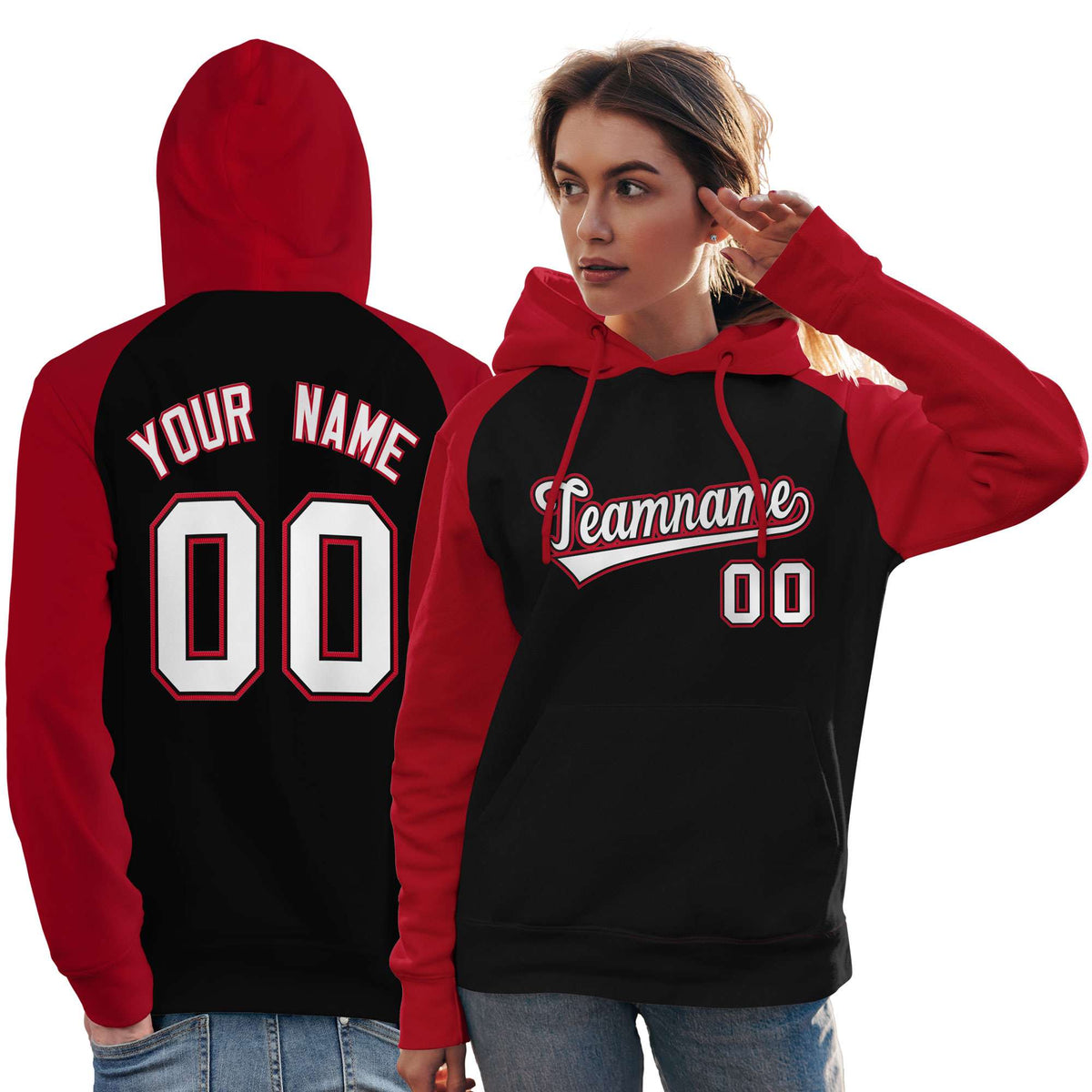 Custom Stitched Black Red-White Raglan Sleeves Sports Pullover Sweatshirt Hoodie For Women| KXKSHOP