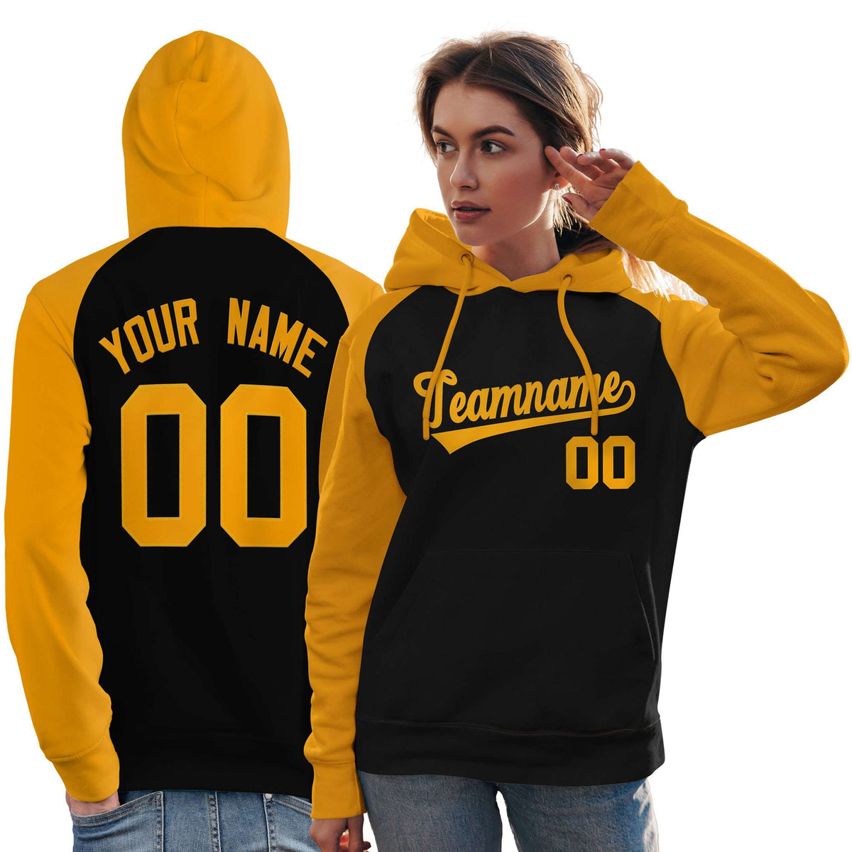 Custom Stitched Black Gold Raglan Sleeves Sports Pullover Sweatshirt Hoodie For Women| KXKSHOP