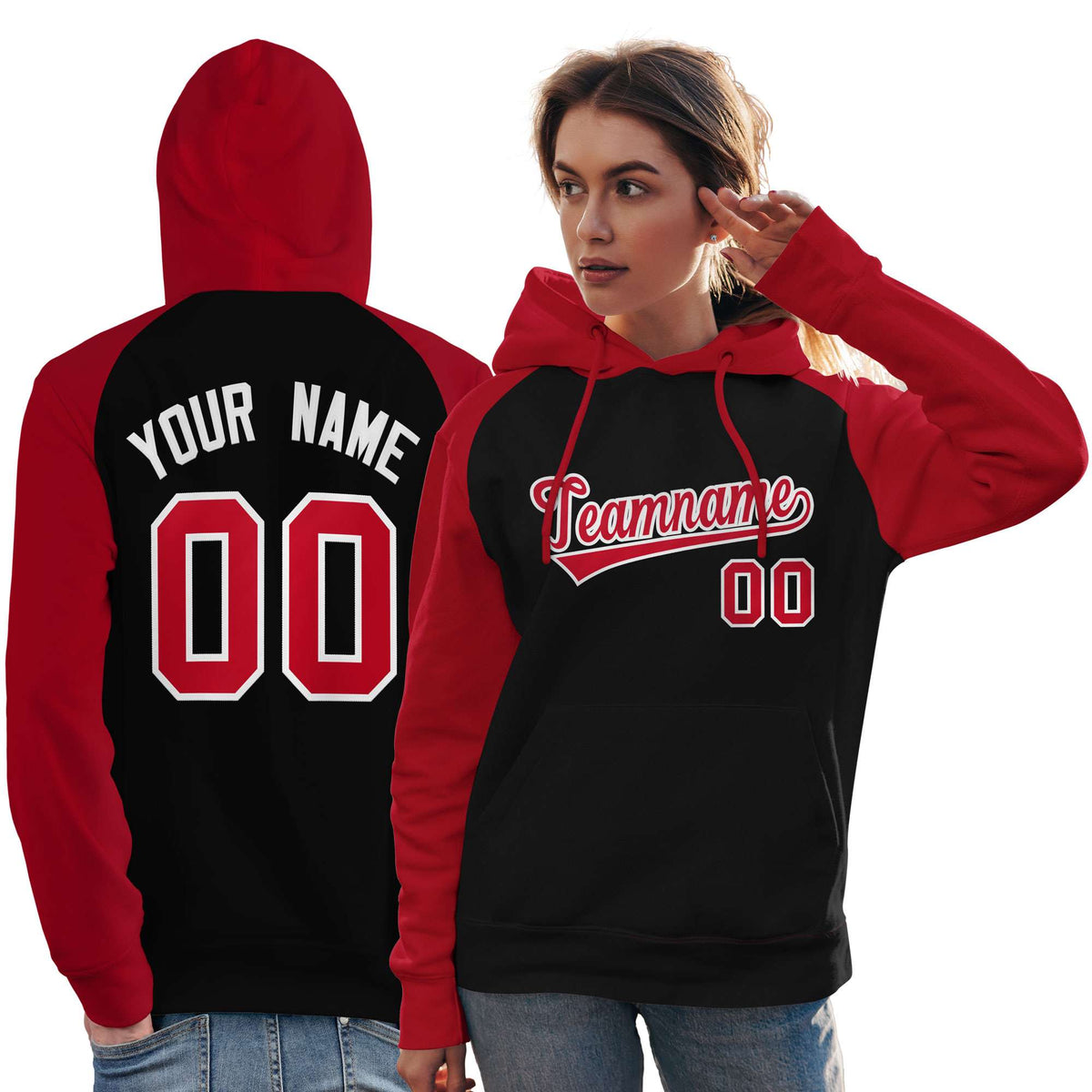 Custom Stitched Black Red Raglan Sleeves Sports Pullover Sweatshirt Hoodie For Women| KXKSHOP