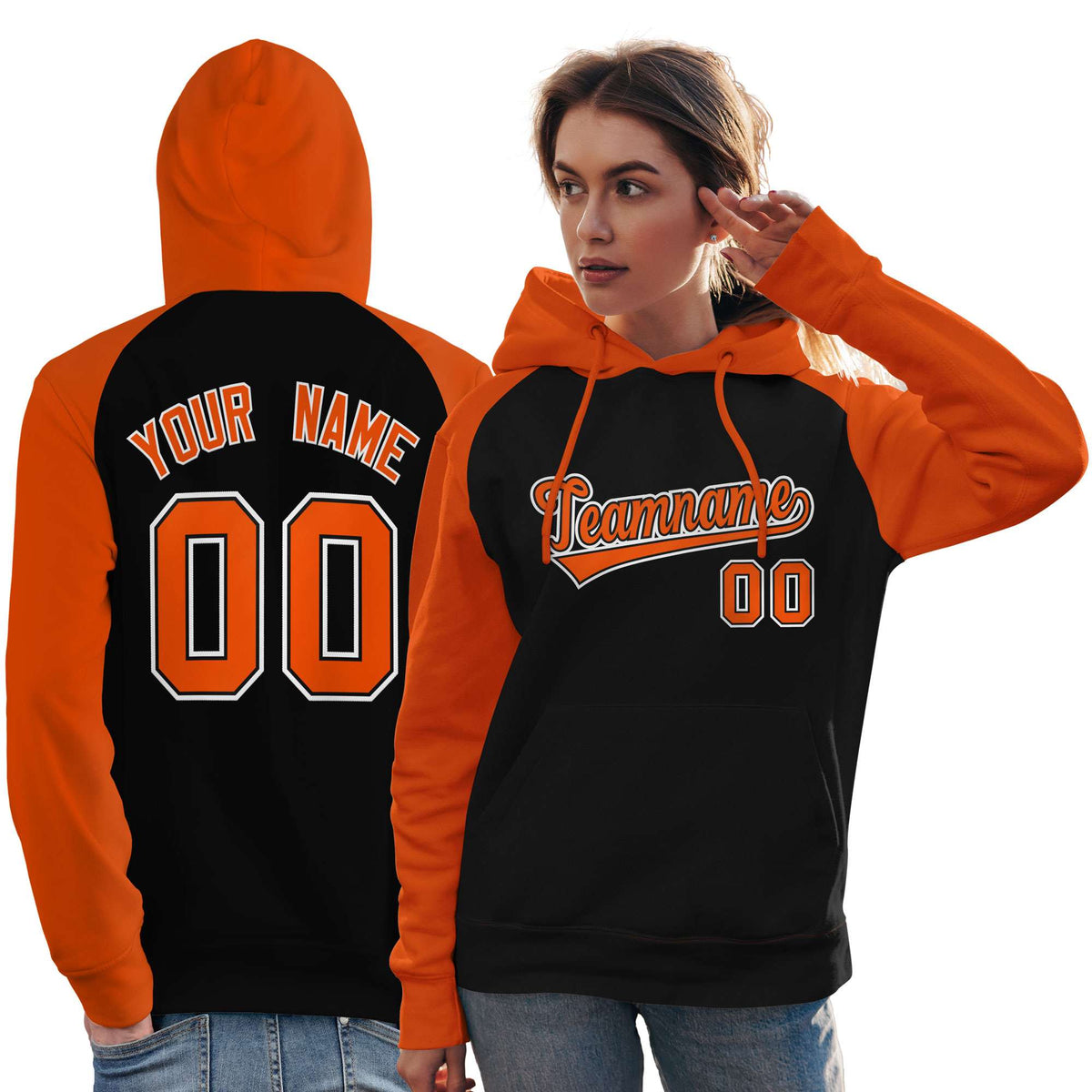 Custom Stitched Black Orange Raglan Sleeves Sports Pullover Sweatshirt Hoodie For Women| KXKSHOP