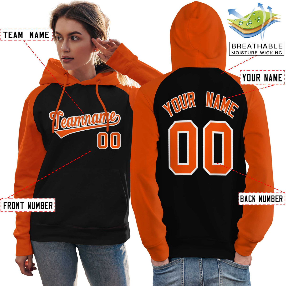 Custom Stitched Black Orange Raglan Sleeves Sports Pullover Sweatshirt Hoodie For Women| KXKSHOP