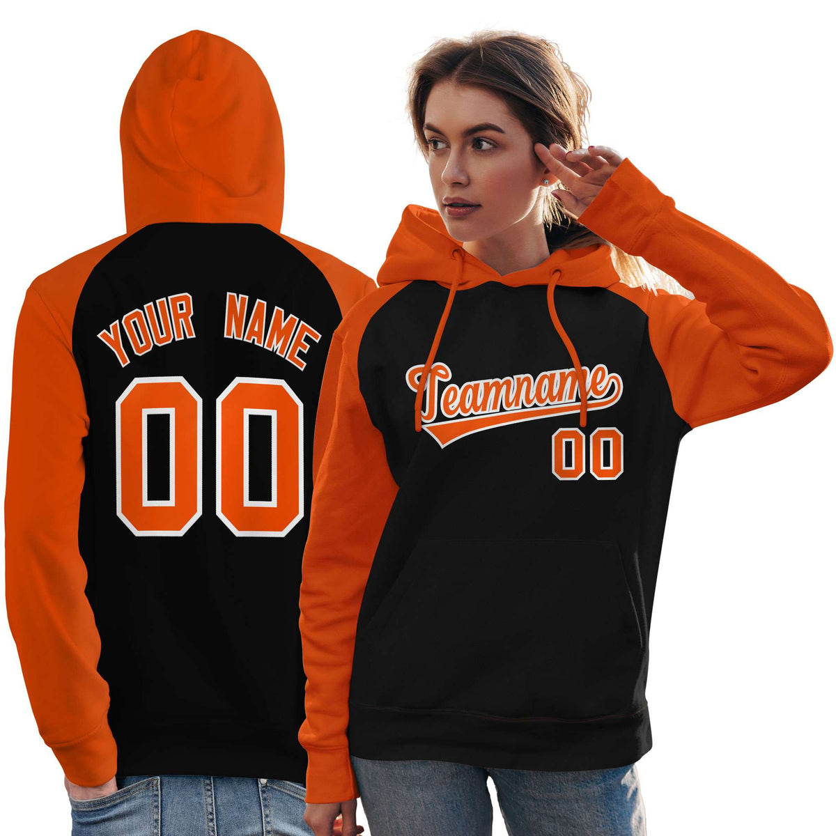 Custom Stitched Black Orange Raglan Sleeves Sports Pullover Sweatshirt Hoodie For Women| KXKSHOP