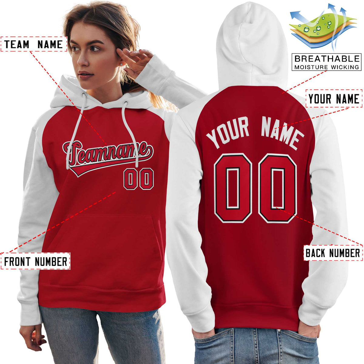 Custom Stitched Red White Raglan Sleeves Sports Pullover Sweatshirt Hoodie For Women| KXKSHOP
