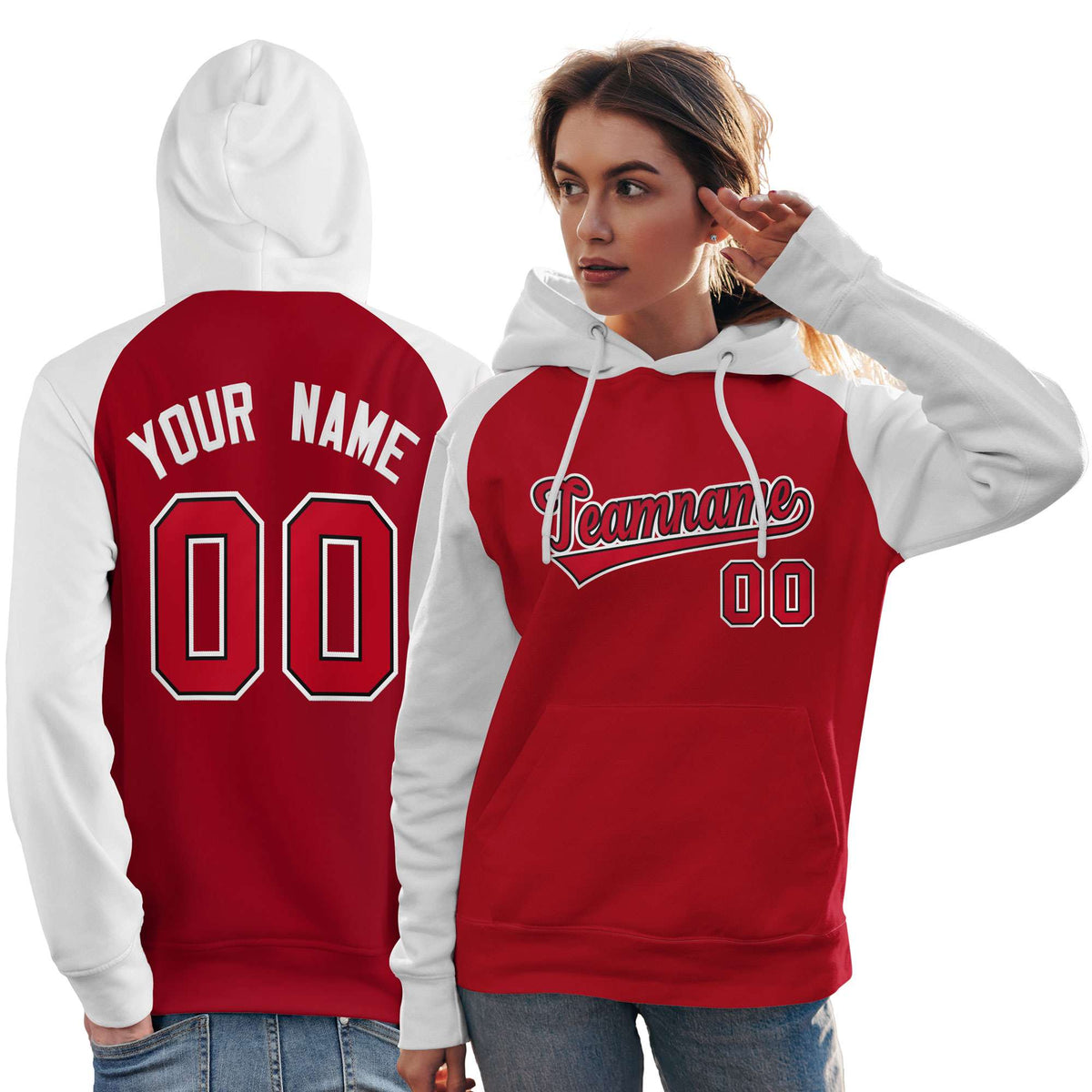 Custom Stitched Red White Raglan Sleeves Sports Pullover Sweatshirt Hoodie For Women| KXKSHOP