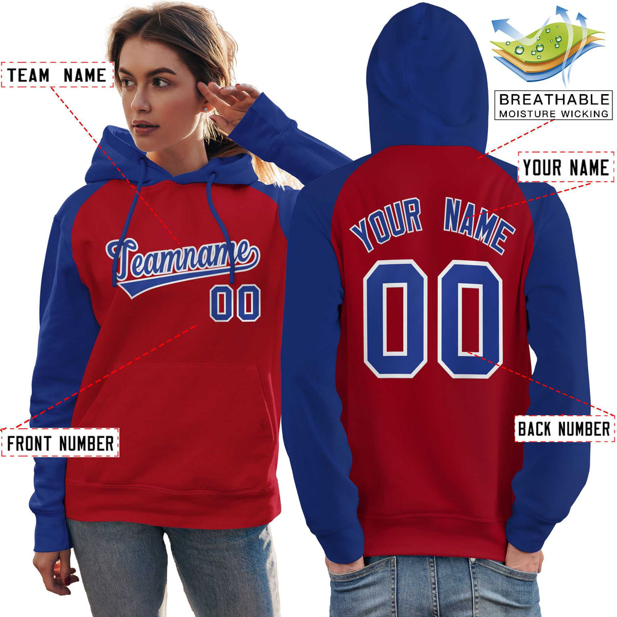 Custom Stitched Red Royal Raglan Sleeves Sports Pullover Sweatshirt Hoodie For Women| KXKSHOP