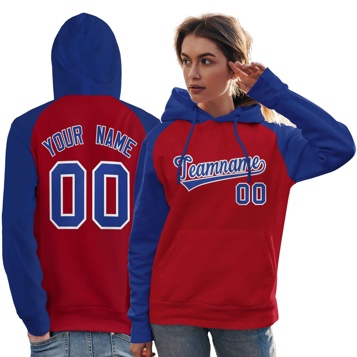 Custom Stitched Red Royal Raglan Sleeves Sports Pullover Sweatshirt Hoodie For Women| KXKSHOP