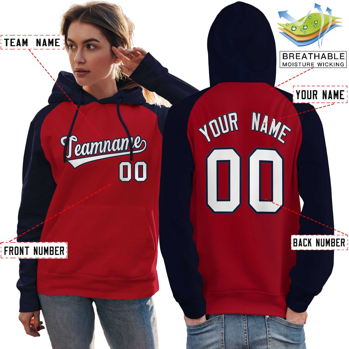 Custom Stitched Red Navy-White Raglan Sleeves Sports Pullover Sweatshirt Hoodie For Women| KXKSHOP