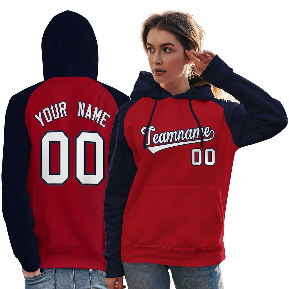 Custom Stitched Red Navy-White Raglan Sleeves Sports Pullover Sweatshirt Hoodie For Women| KXKSHOP