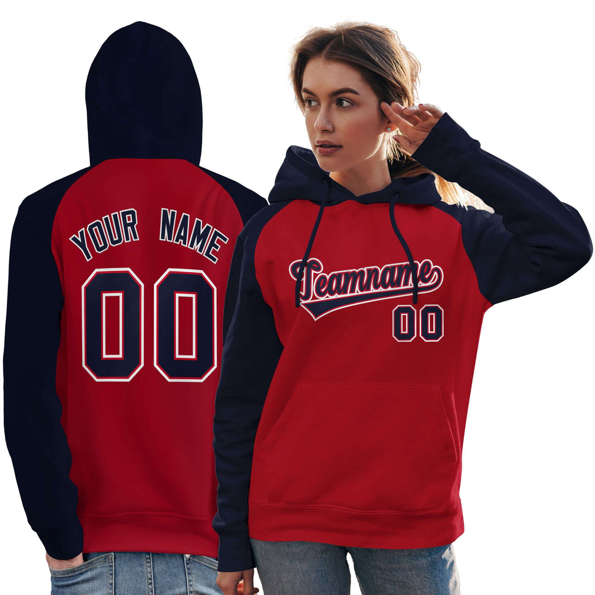 Custom Stitched Red Navy Raglan Sleeves Sports Pullover Sweatshirt Hoodie For Women| KXKSHOP