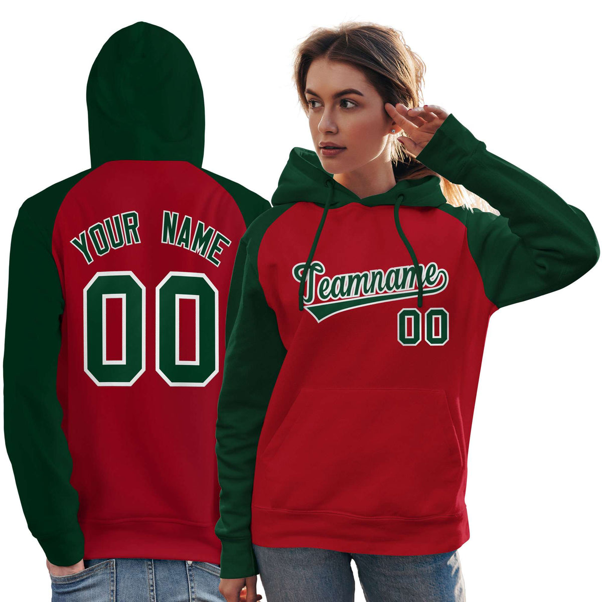 Custom Stitched Red Green Raglan Sleeves Sports Pullover Sweatshirt Hoodie For Women| KXKSHOP