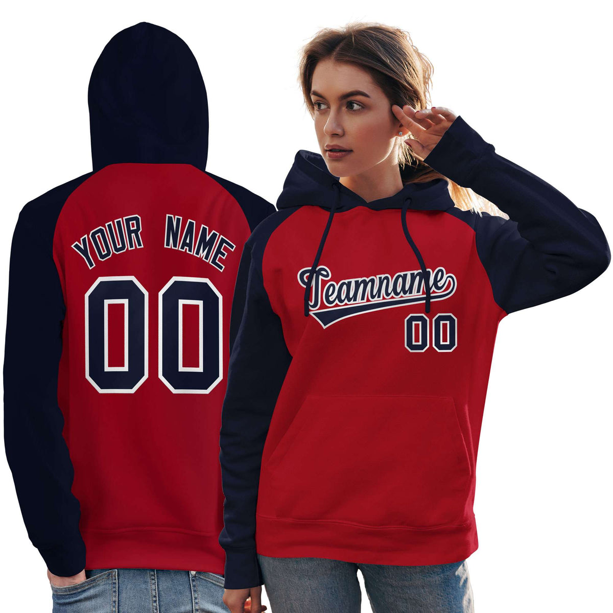 Custom Stitched Red Navy Raglan Sleeves Sports Pullover Sweatshirt Hoodie For Women| KXKSHOP