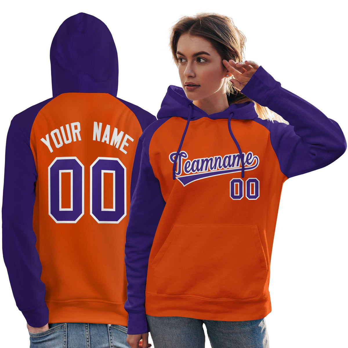 Custom Stitched Orange Purple Raglan Sleeves Sports Pullover Sweatshirt Hoodie For Women| KXKSHOP