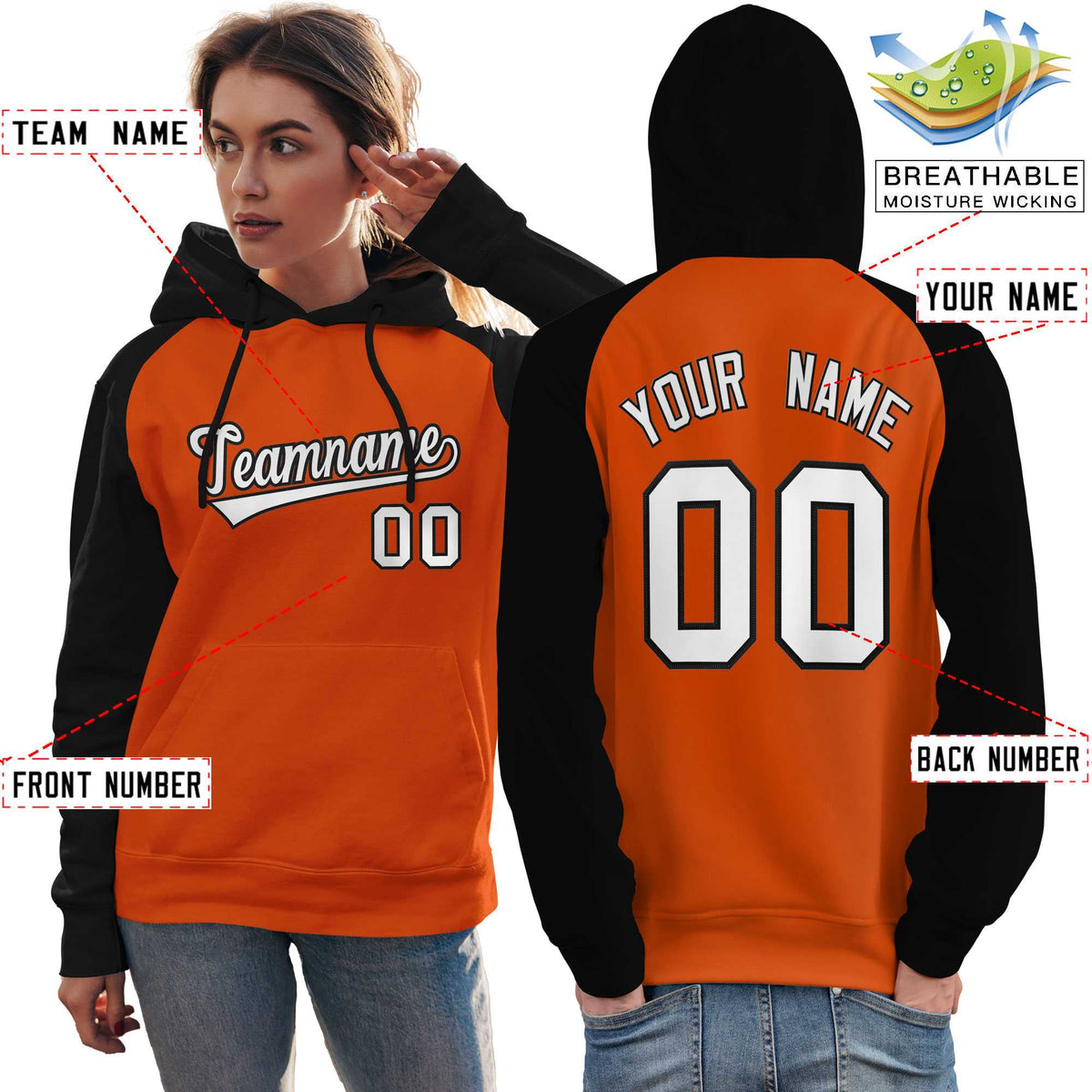Custom Stitched Orange Black-White Raglan Sleeves Sports Pullover Sweatshirt Hoodie For Women| KXKSHOP