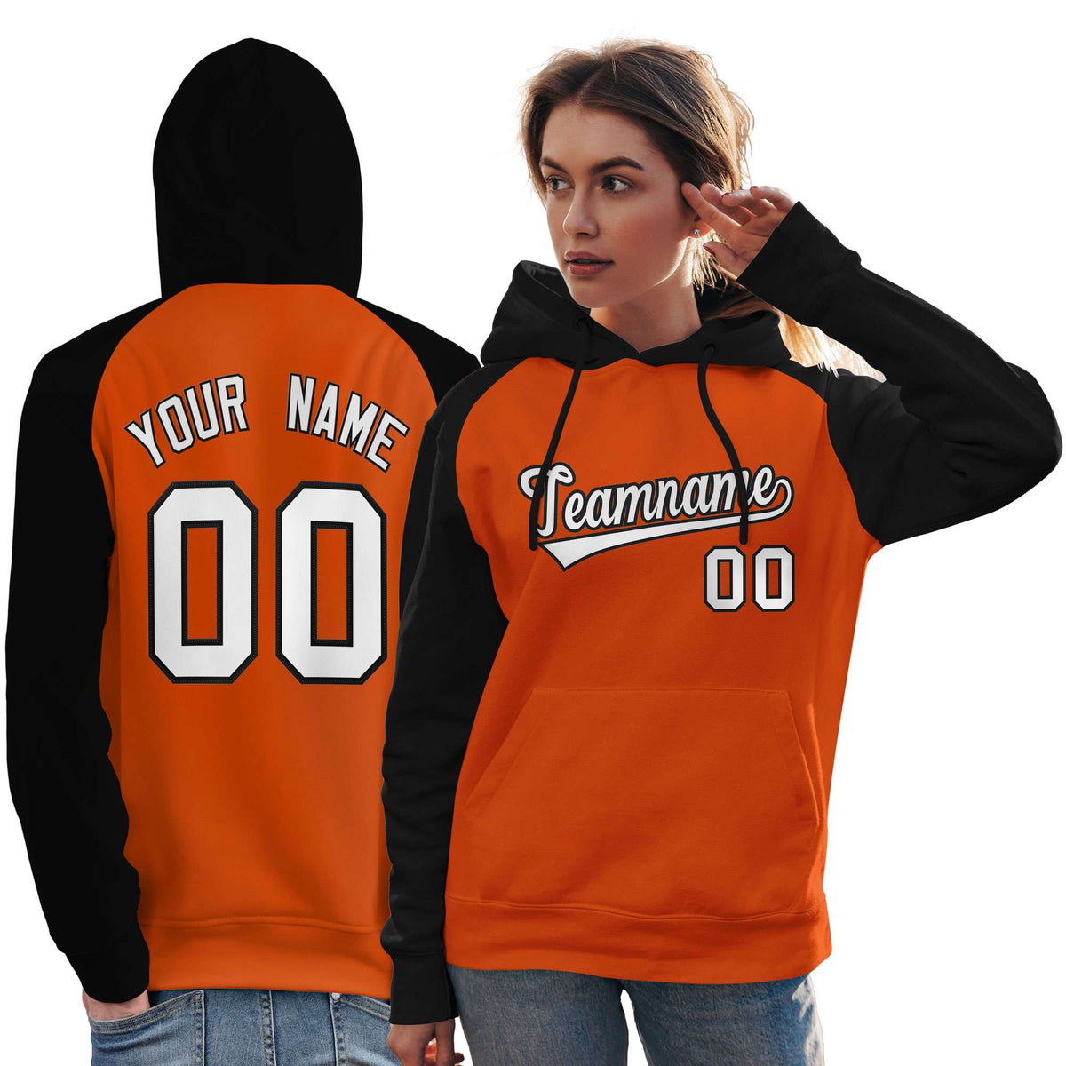 Custom Stitched Orange Black-White Raglan Sleeves Sports Pullover Sweatshirt Hoodie For Women| KXKSHOP