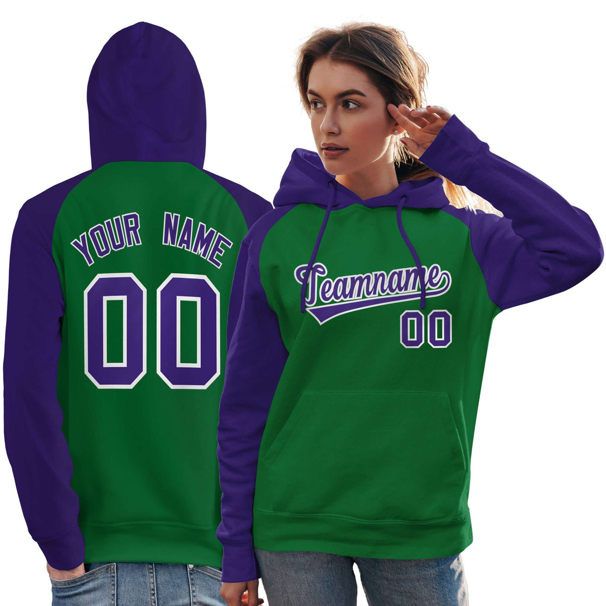 Custom Stitched Kelly Green Purple Raglan Sleeves Sports Pullover Sweatshirt Hoodie For Women| KXKSHOP