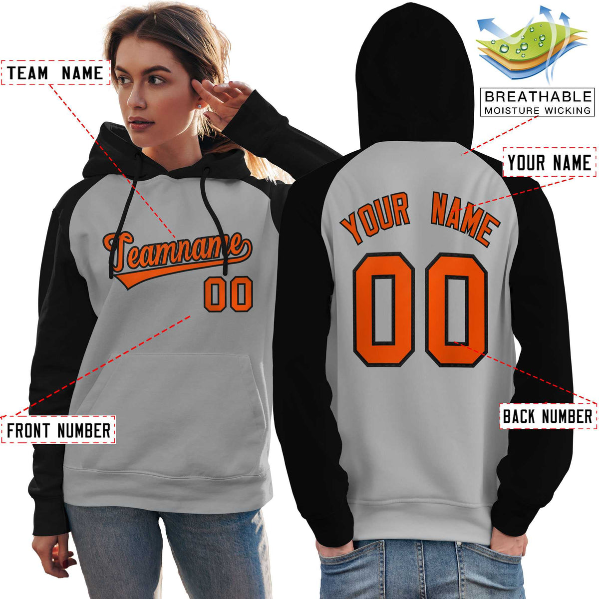 Custom Stitched Gray Black-Orange Raglan Sleeves Sports Pullover Sweatshirt Hoodie For Women| KXKSHOP