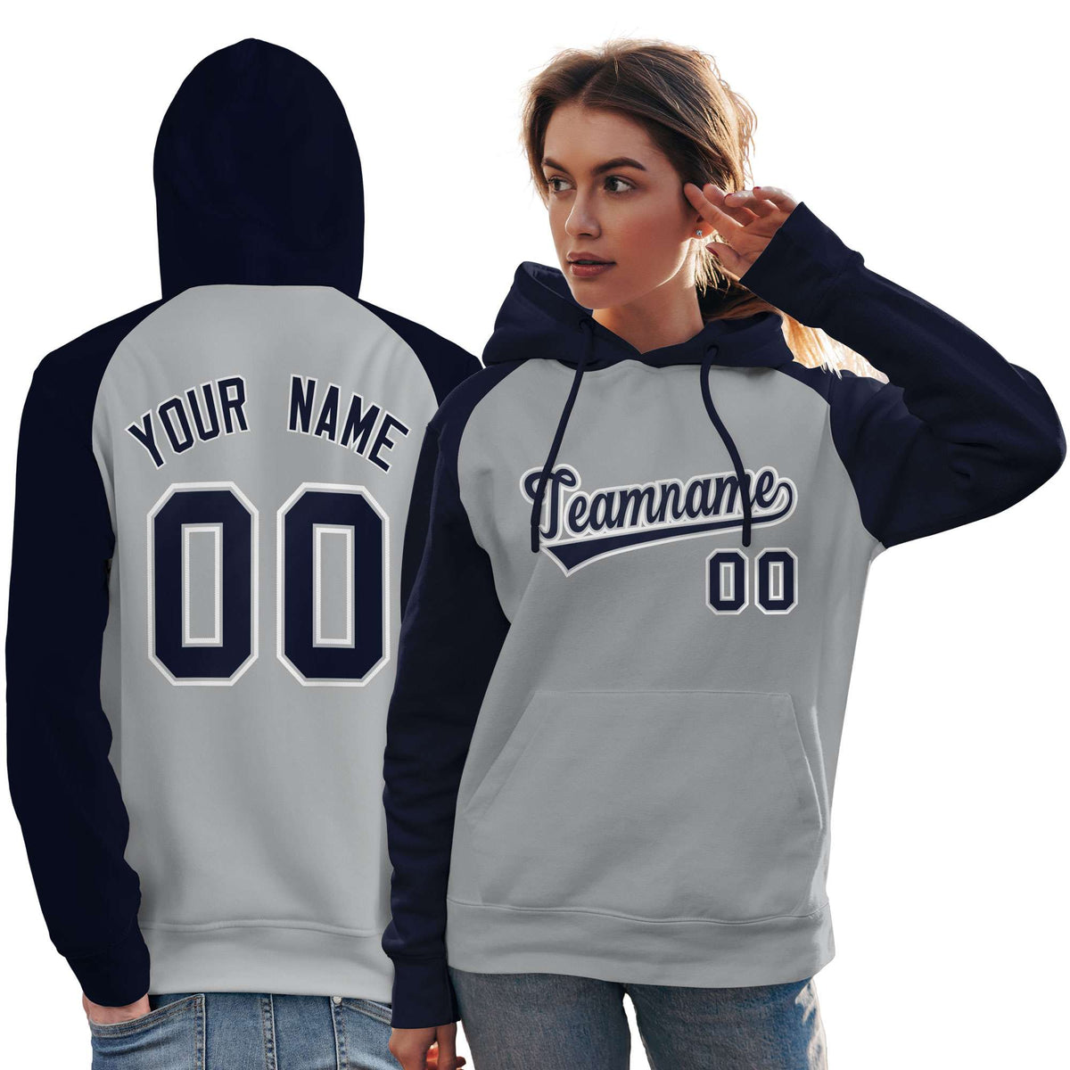 Custom Stitched Gray Navy Raglan Sleeves Sports Pullover Sweatshirt Hoodie For Women| KXKSHOP