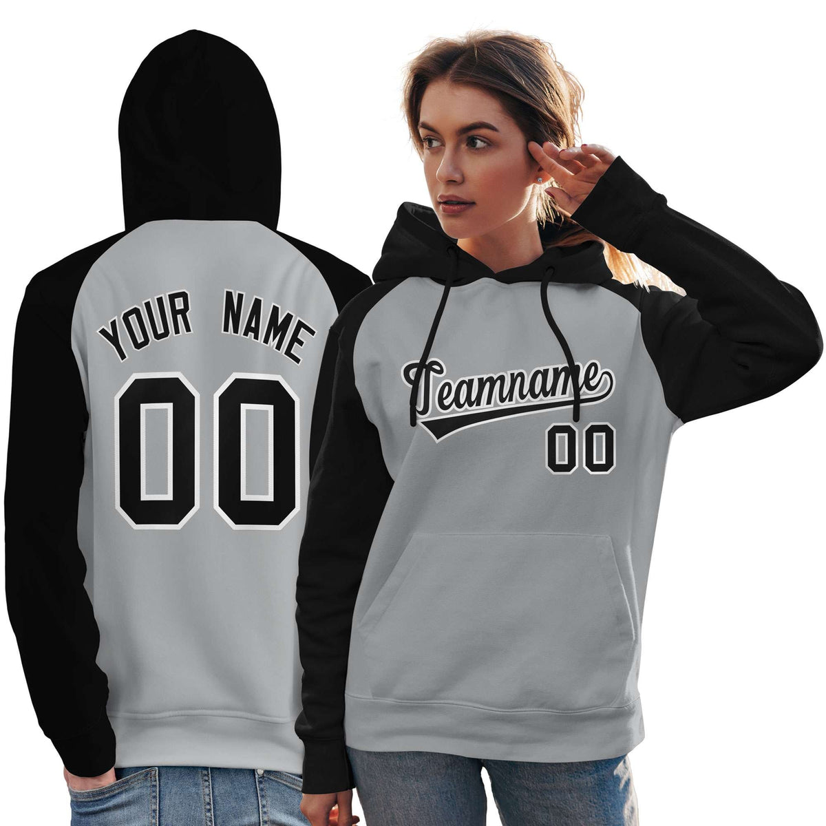 Custom Stitched Gray Black Raglan Sleeves Sports Pullover Sweatshirt Hoodie For Women| KXKSHOP
