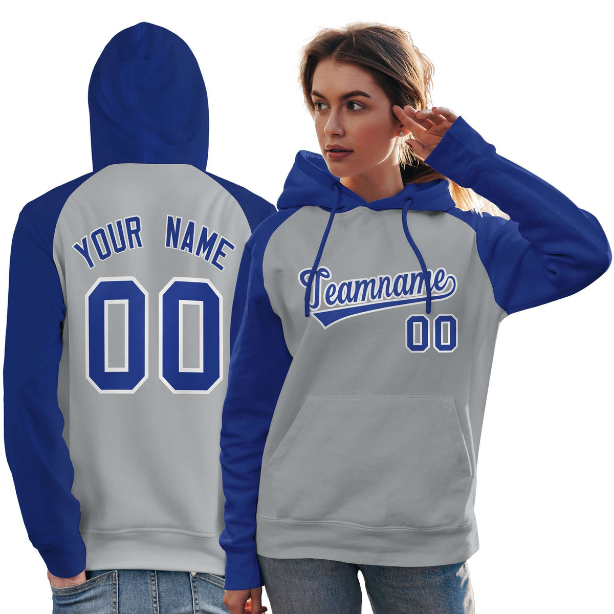 Custom Stitched Gray Royal Raglan Sleeves Sports Pullover Sweatshirt Hoodie For Women| KXKSHOP
