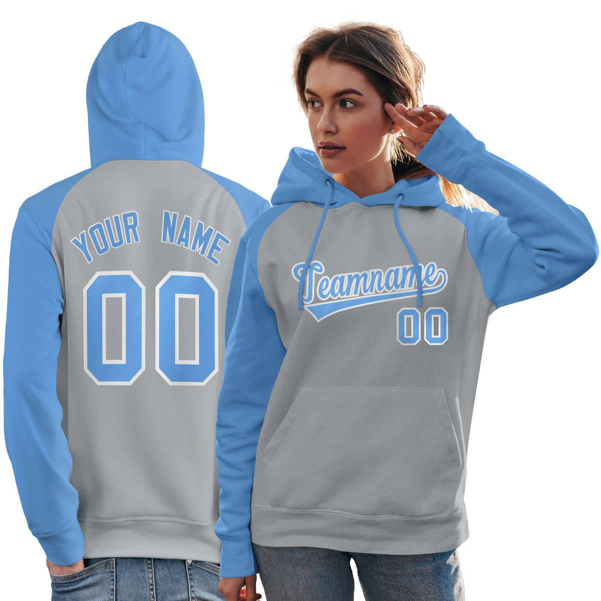 Custom Stitched Gray Powder Blue Raglan Sleeves Sports Pullover Sweatshirt Hoodie For Women| KXKSHOP