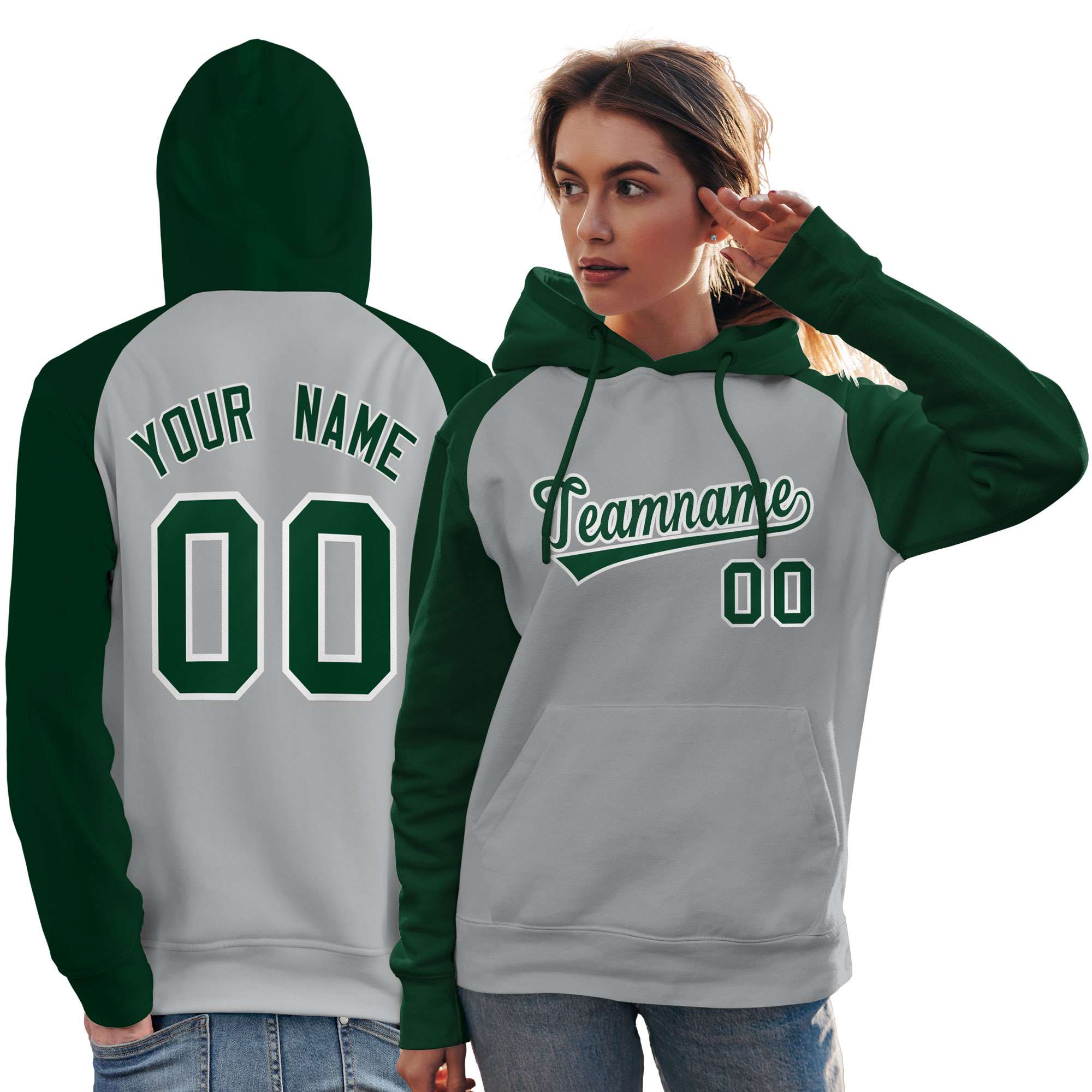 Custom Stitched Gray Green Raglan Sleeves Sports Pullover Sweatshirt Hoodie For Women| KXKSHOP