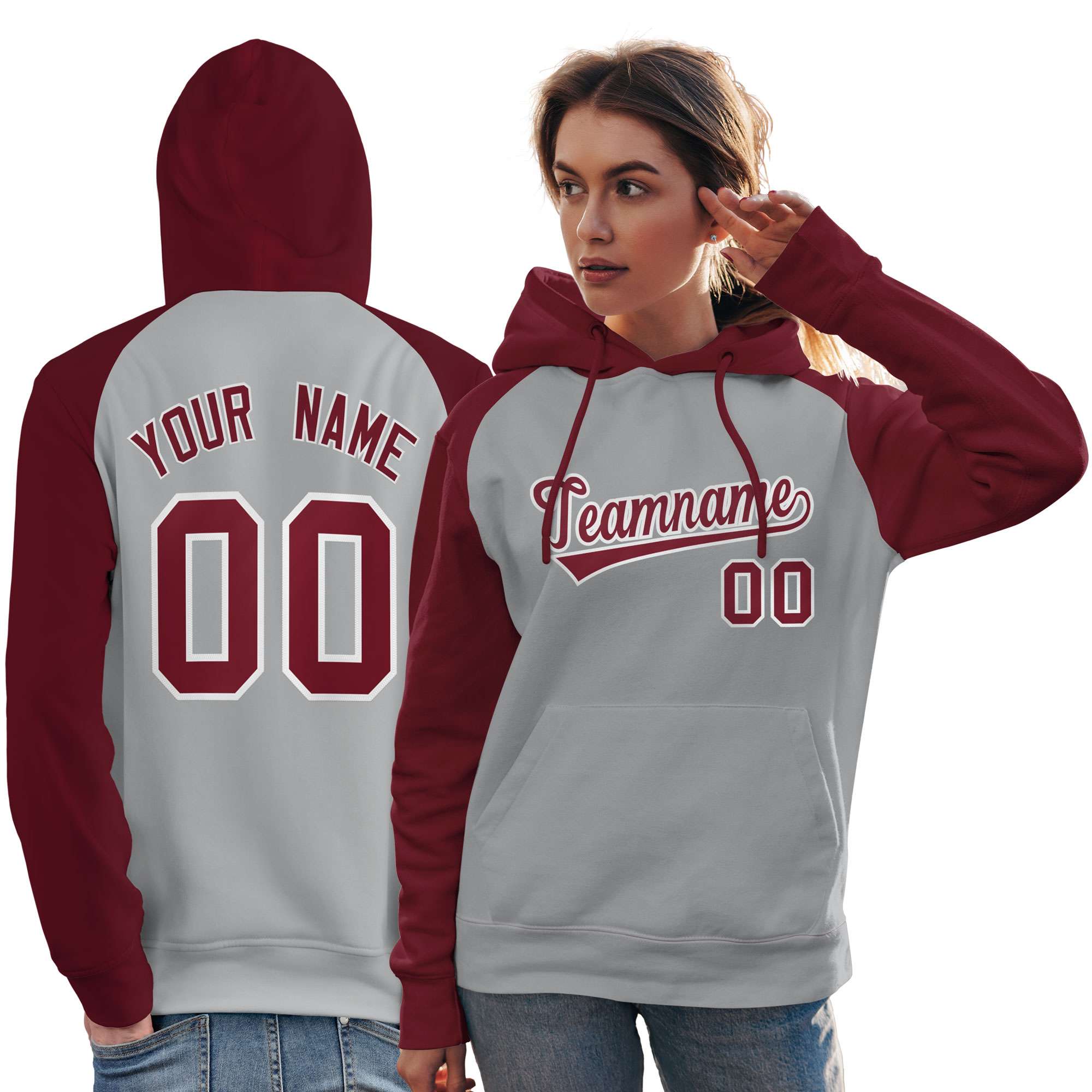 Custom Stitched Gray Crimson Raglan Sleeves Sports Pullover Sweatshirt Hoodie For Women| KXKSHOP