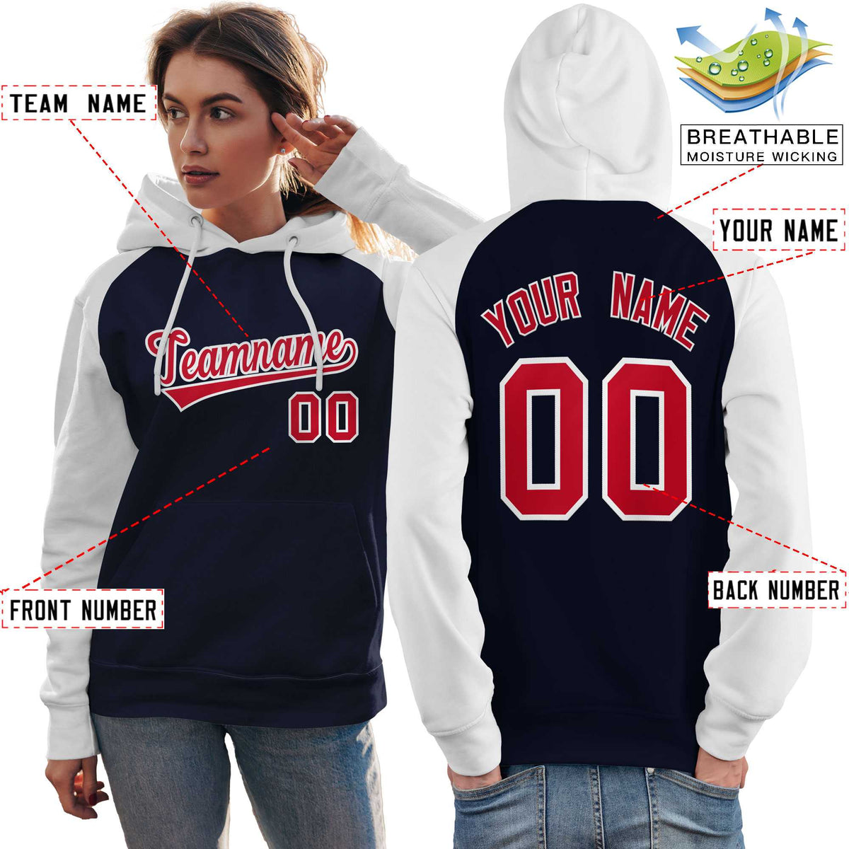Custom Stitched Navy White-Red Raglan Sleeves Sports Pullover Sweatshirt Hoodie For Women| KXKSHOP