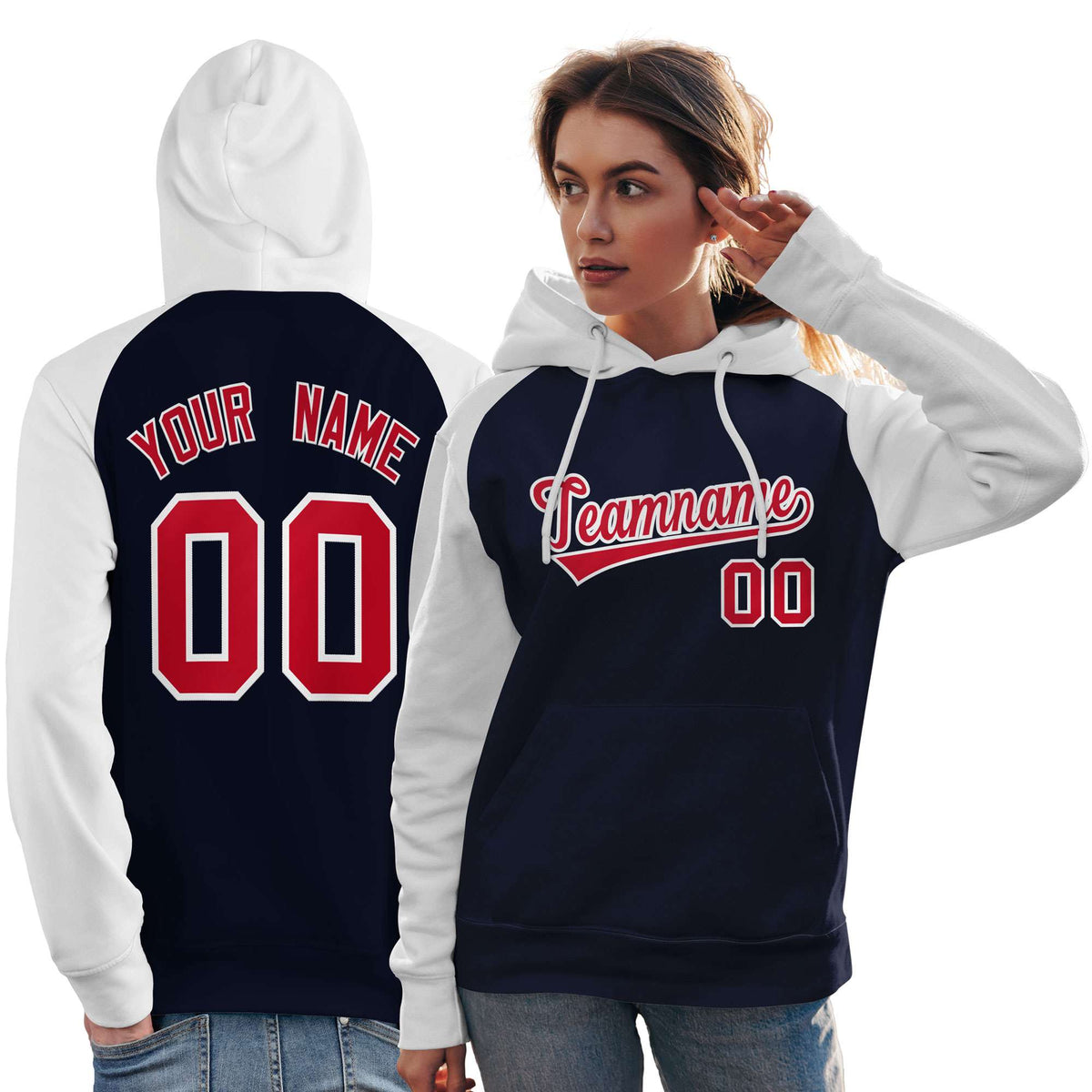Custom Stitched Navy White-Red Raglan Sleeves Sports Pullover Sweatshirt Hoodie For Women| KXKSHOP