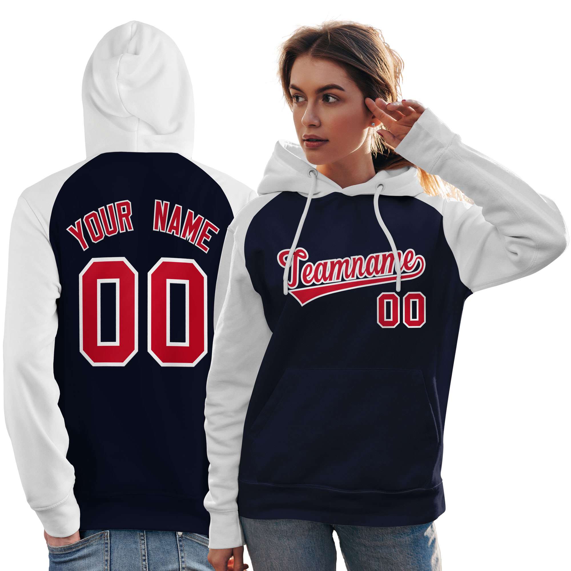 Custom Stitched Navy White-Red Raglan Sleeves Sports Pullover Sweatshirt Hoodie For Women| KXKSHOP