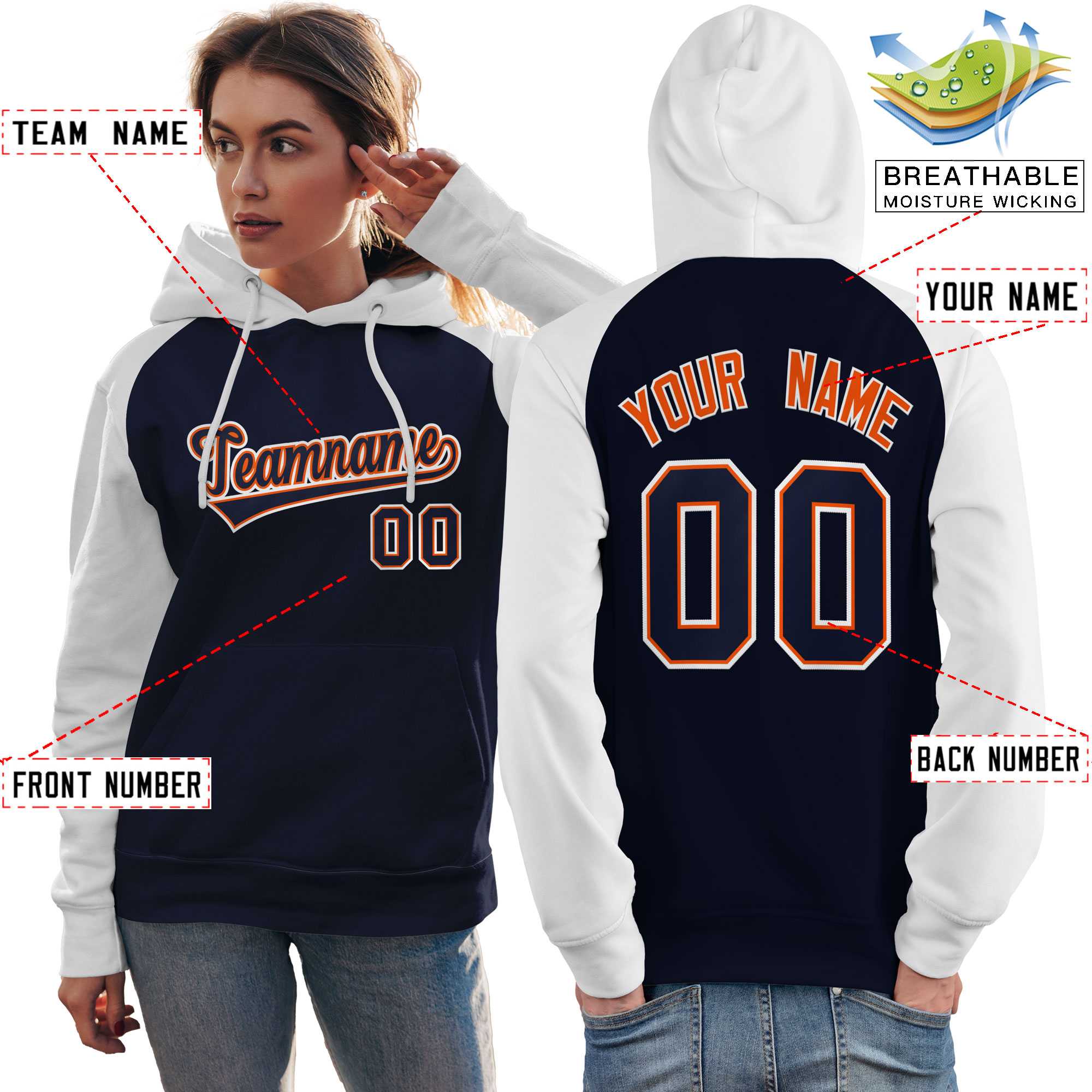 Custom Stitched Navy White Raglan Sleeves Sports Pullover Sweatshirt Hoodie For Women| KXKSHOP