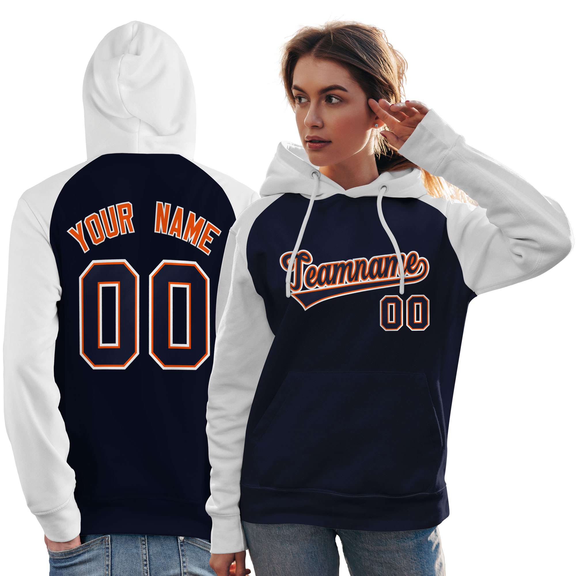 Custom Stitched Navy White Raglan Sleeves Sports Pullover Sweatshirt Hoodie For Women| KXKSHOP