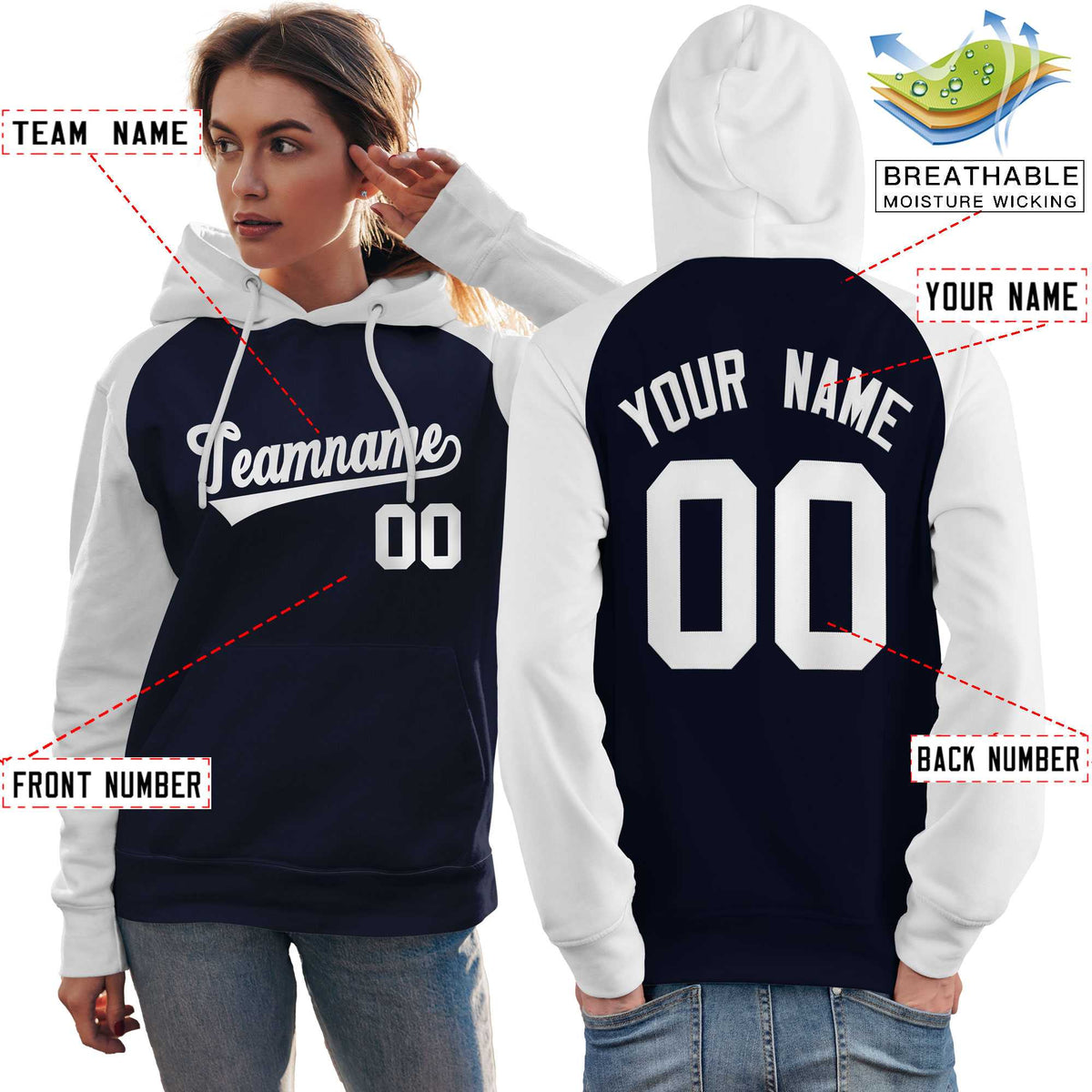 Custom Stitched Navy White Raglan Sleeves Sports Pullover Sweatshirt Hoodie For Women| KXKSHOP