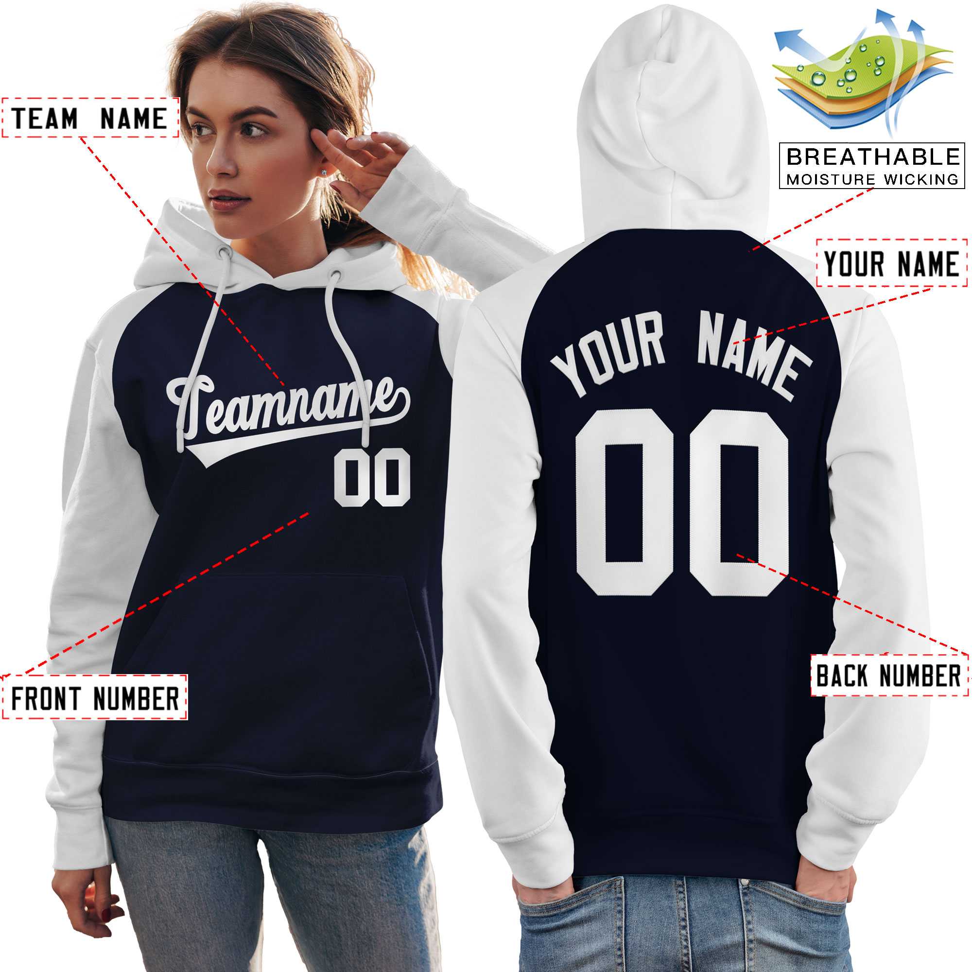 Custom Stitched Navy White Raglan Sleeves Sports Pullover Sweatshirt Hoodie For Women| KXKSHOP
